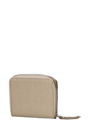 Beige strukturiertes Portemonnaie mit einem Reißverschluss, das eine glatte Oberfläche und einen kleinen Reißverschlussanzug hat. Kompakte rechteckige Form.