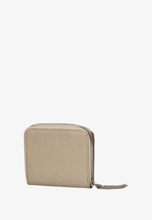 Portafoglio beige con texture e chiusura a zip, caratterizzato da una superficie liscia e un piccolo tirante per la zip. Design compatto e rettangolare.