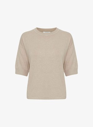 Maglione corto a maniche corte color beige chiaro con scollo rotondo. Texture morbida e vestibilità ampia, con spalle leggermente scese.