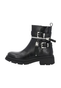 Svarta ankelboots i slät läder med silverfärgade dragkedjor och spänneffekter. Chunky sula och sidloophandtag för enkel påtagning.