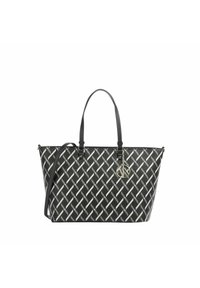 Borsa a spalla intrecciata nera con un motivo geometrico grigio. Dotata di manici in pelle nera e un ciondolo con logo argentato. Design spazioso e strutturato.