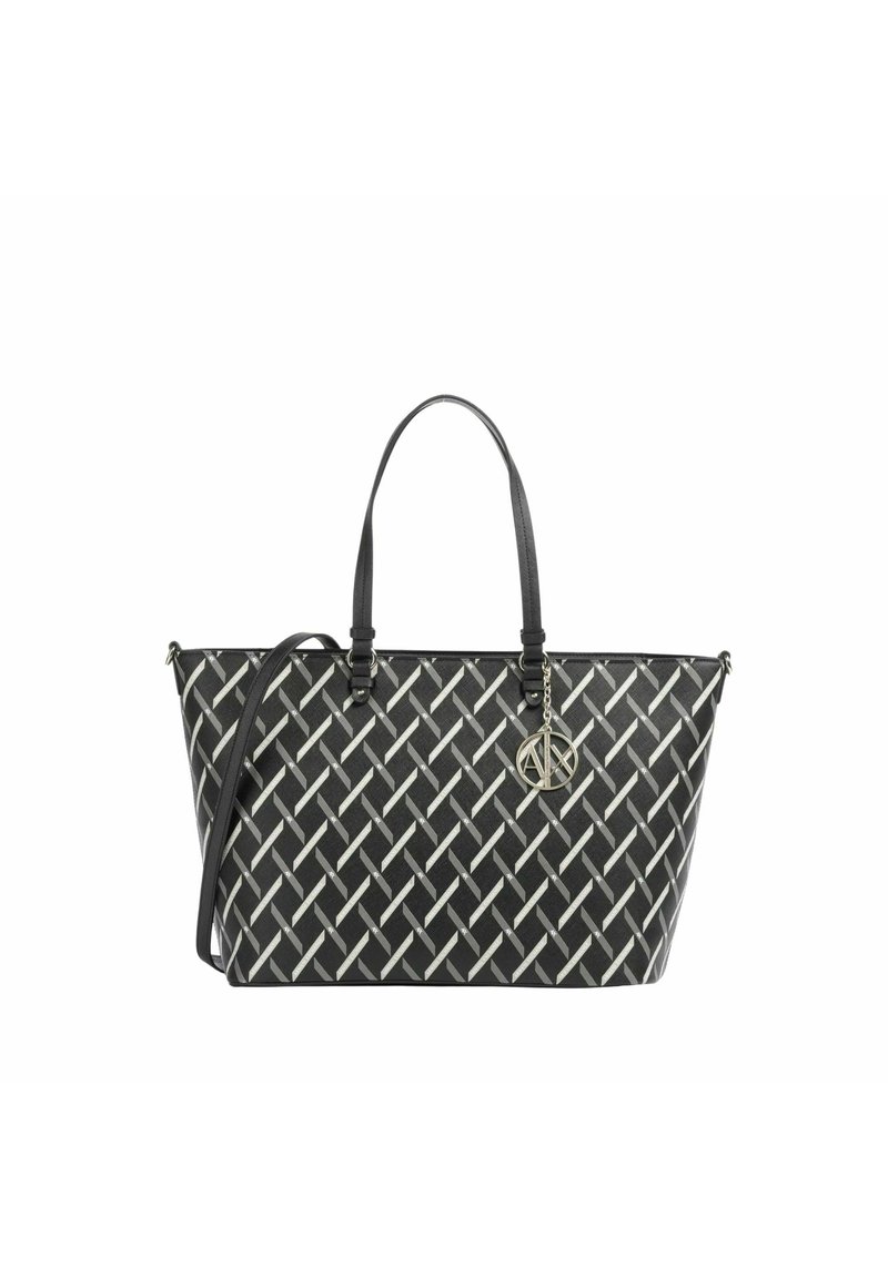Borsa a spalla intrecciata nera con un motivo geometrico grigio. Dotata di manici in pelle nera e un ciondolo con logo argentato. Design spazioso e strutturato.