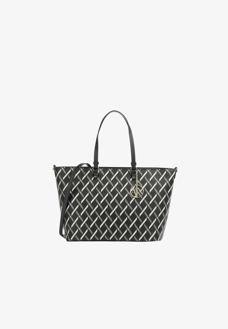 Borsa a spalla intrecciata nera con un motivo geometrico grigio. Dotata di manici in pelle nera e un ciondolo con logo argentato. Design spazioso e strutturato.