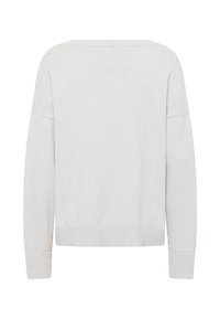 Helle graue übergroße Sweatshirt mit weitem Ausschnitt, überschnittenen Schultern und gerippten Bündchen. Hergestellt aus einem weichen Strickmaterial. Glatte Textur.