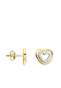 Orecchini a stud a forma di cuore in oro con un design a doppio strato, di cui uno incastonato con pietre trasparenti scintillanti.