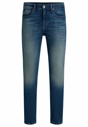 Denim jeans in dark blue wash with a faded effect. Five-pocket design, button closure, straight leg fit, and visible stitching details.