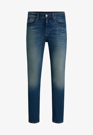 Denim jeans in een donkerblauwe wassing met een vervaagd effect. Vijf-pocket ontwerp, knoopsluiting, rechte pijpfit en zichtbare stikseldetails.