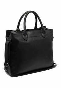 Musta nahkainen olkalaukku, jossa on kaksoiskahvat, vetoketjusuljin ja irrotettava olkahihna. Omaava sileän pinnan ja minimalistisen muotoilun.