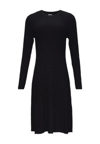 Robe noire côtelée à manches longues avec un col rond, un corsage ajusté et une jupe évasée, réalisée dans un tissu doux et texturé.
