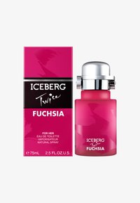 Fuchsiasfärgad glasflaska med ett silverlock, bredvid en matchande rosa låda med svart och vitt text och abstrakta mönster. 75 ml, eau de toilette.