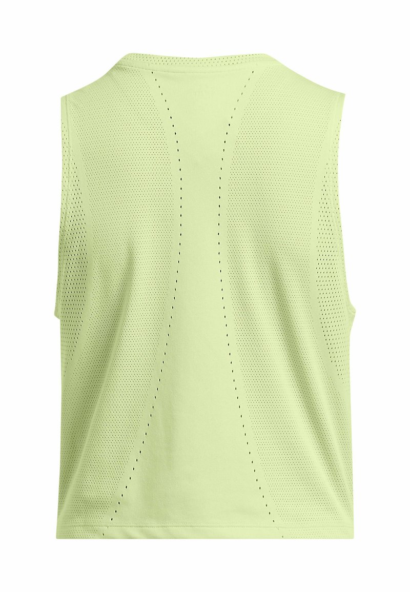 Top sin mangas de color verde claro, confeccionado en un material transpirable, que presenta un diseño texturizado y perforado con detalles de costura curvada en la parte posterior.