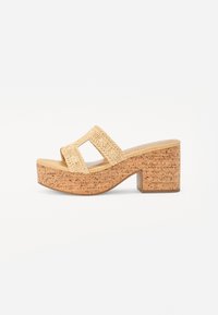 Beige Plattformsandalen mit einem Korkblockabsatz, ausgestattet mit geflochtenen Riemen mit Auschnitten und einer glatten Fußbett.