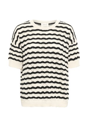 Maglione a righe crema e nero, a maniche corte, lavorato a maglia, con motivi ondulati e scollatura rotonda. Caratterizzato da un design traforato e polsini a coste.