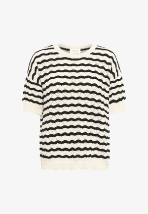 Pull en tricot à manches courtes, rayé crème et noir, avec des motifs ondulés et un col rond. Comprend un design ajouré et des poignets côtelés.