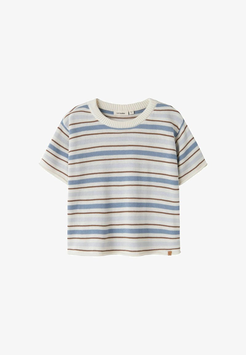 Rövid ujjú kötött felső, világoskék, barna és törtfehér vízszintes csíkokkal, bordázott környakkivágással.