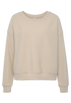 Beige ribbed sweater with a rounded neck, dropped shoulders, and long sleeves. Soft texture with a cropped fit and ribbed hem.