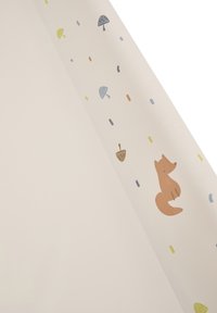 Decorative wallpaper features a light beige background with a playful design of a brown fox, mushrooms, and colorful accents in blue, green, and orange.