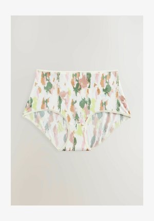Mutandine a vita alta con un motivo astratto multicolore, che presenta sfumature di rosa, verde e crema. Tessuto morbido con bordi rifiniti.