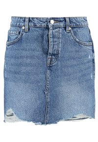 Gonna mini in denim di un blu chiaro con orlo sfilacciato, passanti per cintura, tasche frontali e effetti di scolorimento. Presenta un classico design a cinque tasche.