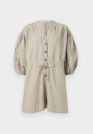 Liniowa sukienka w paski z beżowymi i białymi pionowymi paskami, z guzikami z przodu, elastycznymi bufkami oraz sznurkiem w talii.