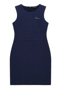 Navyblaues ärmelloses Kleid mit tailliertem Schnitt, strukturiertem Bund und einem dezenten gestickten Logo. Verfügt über einen Reißverschluss auf der Rückseite.
