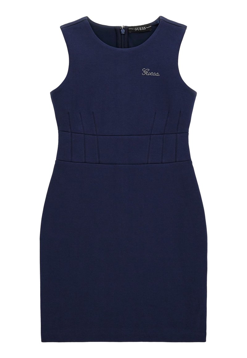Navyblaues ärmelloses Kleid mit tailliertem Schnitt, strukturiertem Bund und einem dezenten gestickten Logo. Verfügt über einen Reißverschluss auf der Rückseite.