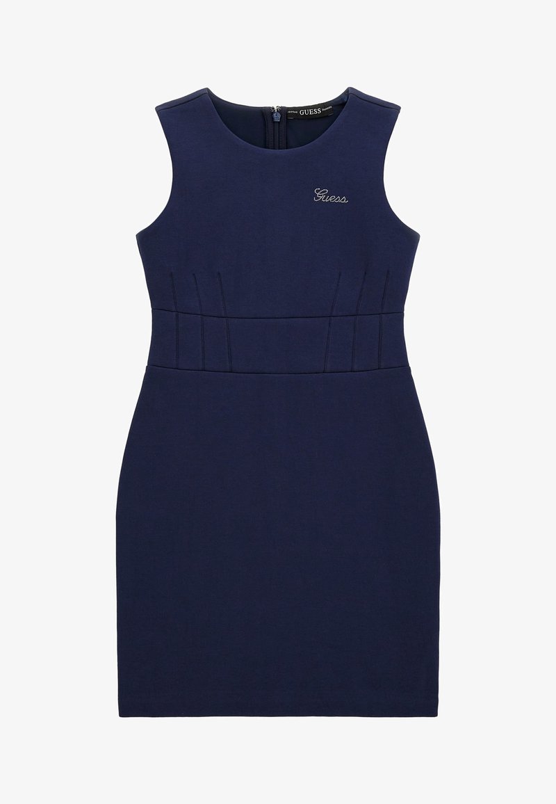 Mornarsko plava haljina bez rukava s prilagođenim dizajnom, teksturiranim strukom i manjim izvezenim logotipom. Ima zatvaranje na patentni zatvarač na leđima.