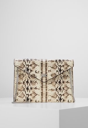 Snakeskin-patterned clutch in beige and brown tones, featuring a sharp envelope shape, silver chain strap, and logo accent.