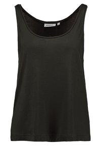 Top senza maniche di un verde scuro, con scollatura tonda, realizzato in un tessuto morbido. Il design è semplice, caratterizzato da linee pulite e un orlo dritto.