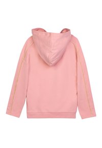 Felpa rosa con una texture morbida, caratterizzata da una cucitura dorata sui lati e un cappuccio standard. Vista posteriore mostrata.