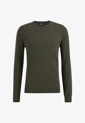 Oliwkowy sweter wykonany z miękkiego dzianiny, z okrągłym dekoltem, długimi rękawami oraz prążkowanymi mankietami i dołem.