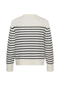 Pull en maille blanc avec des rayures noires horizontales, manches longues et poignets et ourlet côtelés, vu de dos.