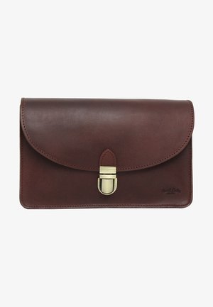 Dark brown leather clutch with curved flap and brass clasp closure, minimal stitching, and small embossed logo on the bottom right corner.