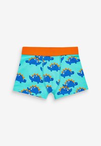 Blå boksershorts med dinosaurer, med en orange talje, lavet af blødt stof, med en turkis baggrund og dekorativ syning.