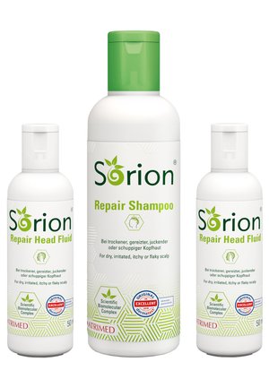 Sorion Reparaturshampoo und Reparaturkopf-Flüssigkeit in Flaschen, weiße Kunststoff, grüne Akzente, 50ml, gekennzeichnet zur Behandlung von trockenem und juckendem Kopfhaut.