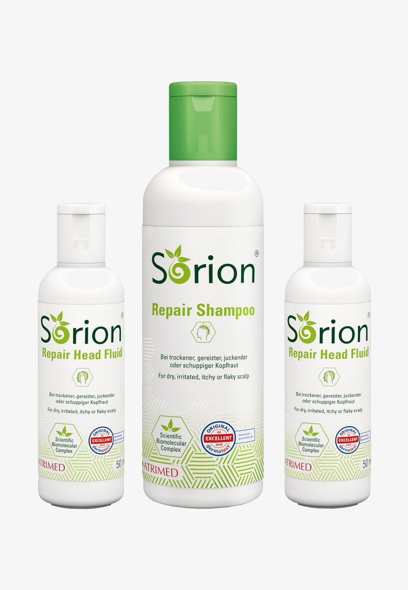 Sorion Reparaturshampoo und Reparaturkopf-Flüssigkeit in Flaschen, weiße Kunststoff, grüne Akzente, 50ml, gekennzeichnet zur Behandlung von trockenem und juckendem Kopfhaut.
