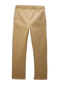 Pantalons couleur kaki avec une taille élastique, coupe droite et texture en coton lisse. Pas de motifs supplémentaires ni de détails matériels.