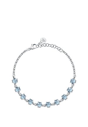 Bracciale d'argento caratterizzato da gemme azzurro chiaro alternate, montate su griffe a forma di stella, collegate da una delicata catena con chiusura a molla.