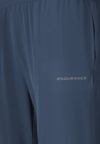 Blaue Sportshorts mit elastischem Bund und einem reflektierenden "ENDURANCE"-Logo am rechten Oberschenkel, mit seitlicher Tasche.