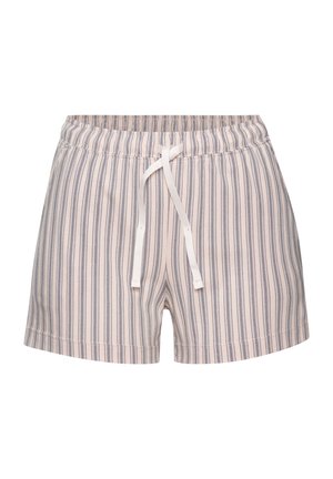 Pantaloni corti a righe realizzati in un tessuto leggero, con una morbida vita elastica dotata di cordino, di colore rosa pallido con righe blu.