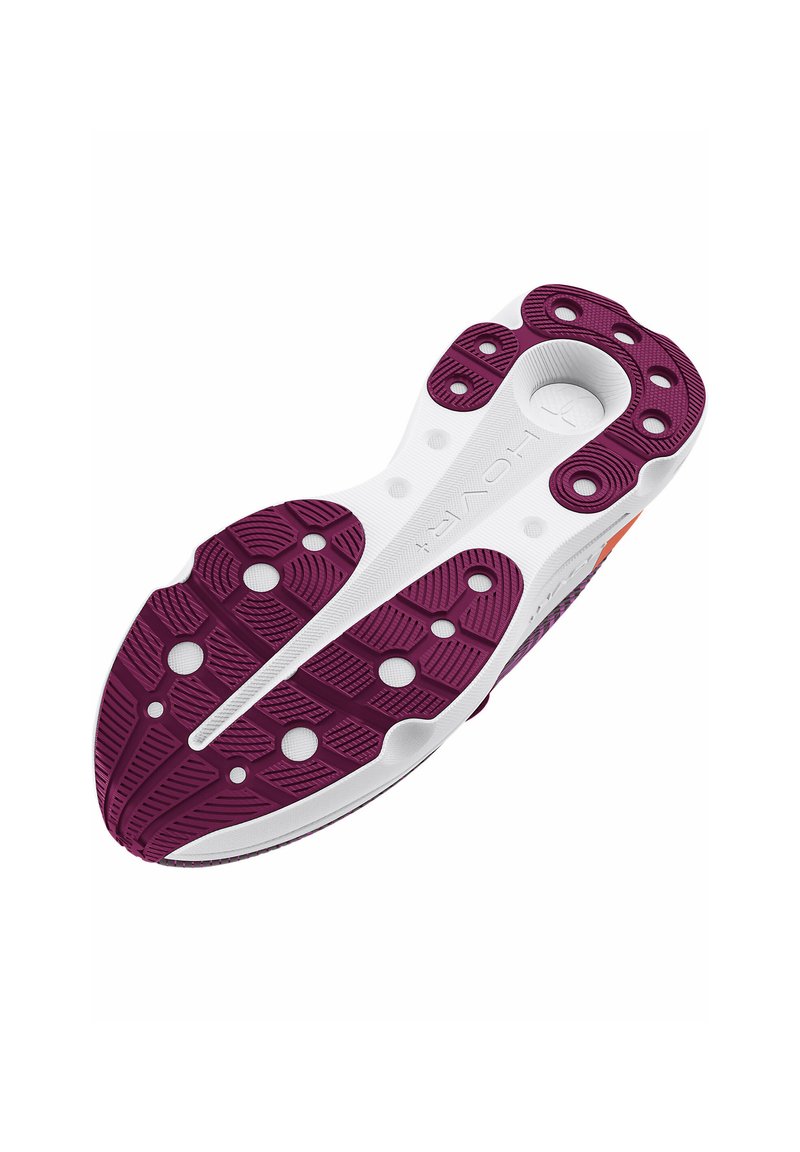 Suela de zapato en goma blanca y púrpura. Las características incluyen patrones texturizados, cortes circulares y surcos pronunciados para una mejor adherencia y flexibilidad.