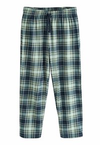 Pantalons de pyjama pour homme à carreaux dans des tons bleu marine, vert et crème ; fabriqués en tissu doux avec une taille élastique et un cordon de serrage. Comprend des poches latérales.