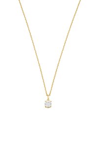 Gold chain necklace with a round, clear gemstone pendant set in a four-prong mount. The chain features a delicate link design.