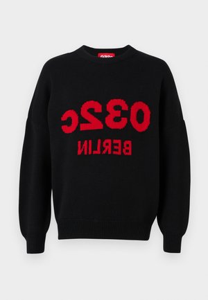 Black knit sweater featuring a red graphic with the text "032 BERLIN" prominently displayed on the front. Round neckline and ribbed cuffs.