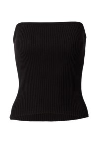 Zwarte geribbelde strapless top met een aangesloten silhouet, voorzien van textuurstof en een rechte zoom. Geen zichtbare naden of hardwaredetails.