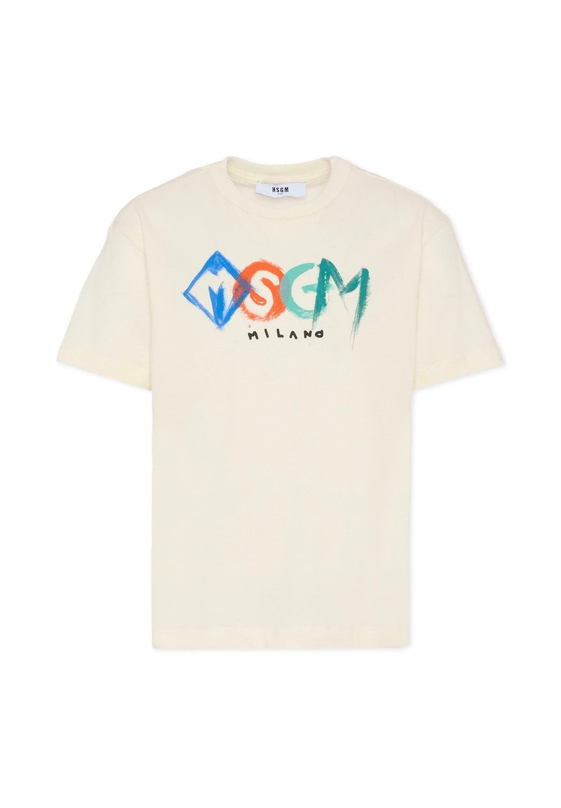 Kremowa koszulka z krótkim rękawem z kolorowym logo "MSGM Milano" w stylu malarskim na piersi.