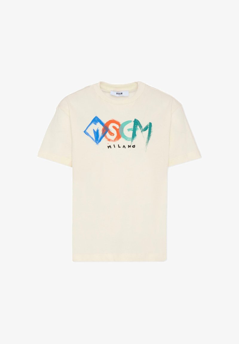 Kremowa koszulka z krótkim rękawem z kolorowym logo "MSGM Milano" w stylu malarskim na piersi.