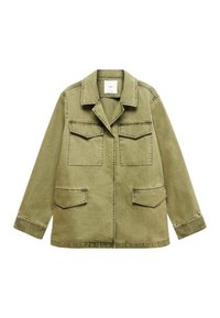 Olivově zelená sako na knoflíky s čtyřmi kapsami, dlouhými rukávy a špičatým límcem, vyrobené z odolné bavlněné tkaniny.