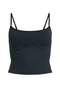 Schwarzes Tanktop mit dünnen verstellbaren Trägern, das ein tailliertes Design und eine geschwungene Nahtdetails an der Brust aufweist. Hergestellt aus dehnbarem Material.