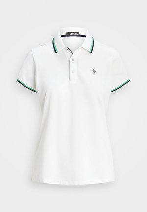 Vit polo skjorta i bomull med klassisk krage, korta ärmar, gröna och marinblå randiga detaljer samt en liten broderad logotyp på bröstet.